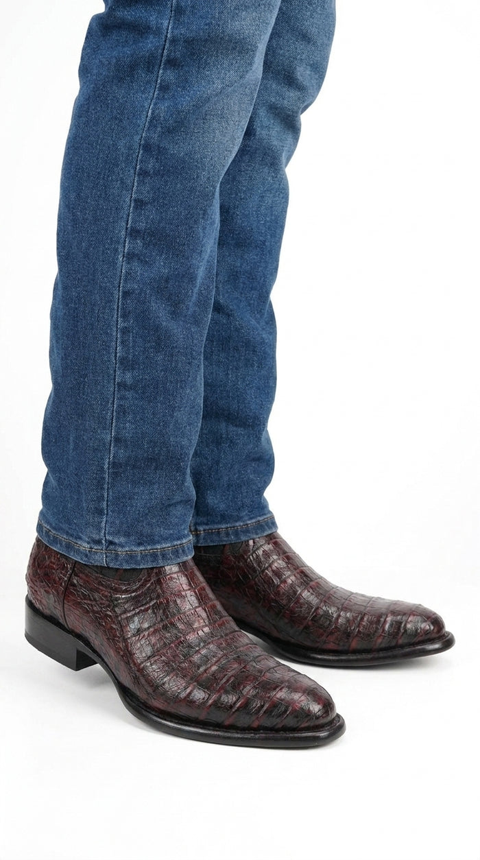 Los Altos Men’s Black Cherry Caiman Belly Roper Toe Boots, Exotic Western Cowboy Dress Boots