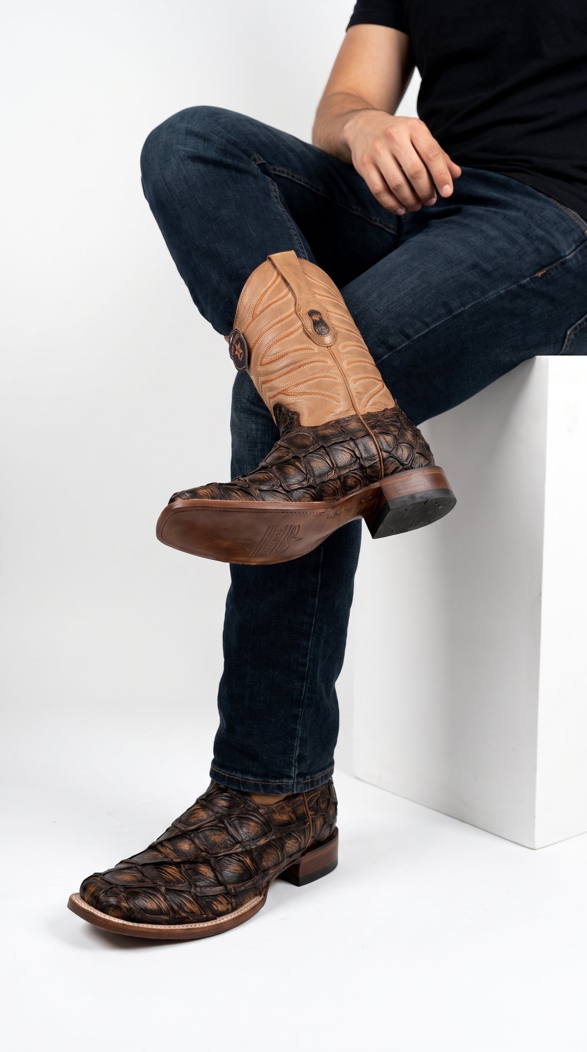 Los Altos Rustic Cognac Pirarucu Square Toe Boots, Exotic Western Cowboy Dress Boots
