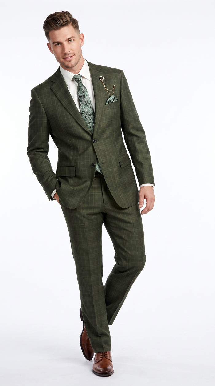 Men’s Olive Green Glen Plaid 3 Piece Suit, Regular Fit Formal Wedding Business Dress Suit
