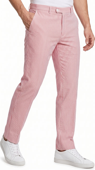Men’s Red Seersucker Stretch Pants, Lightweight Summer Dress Slacks