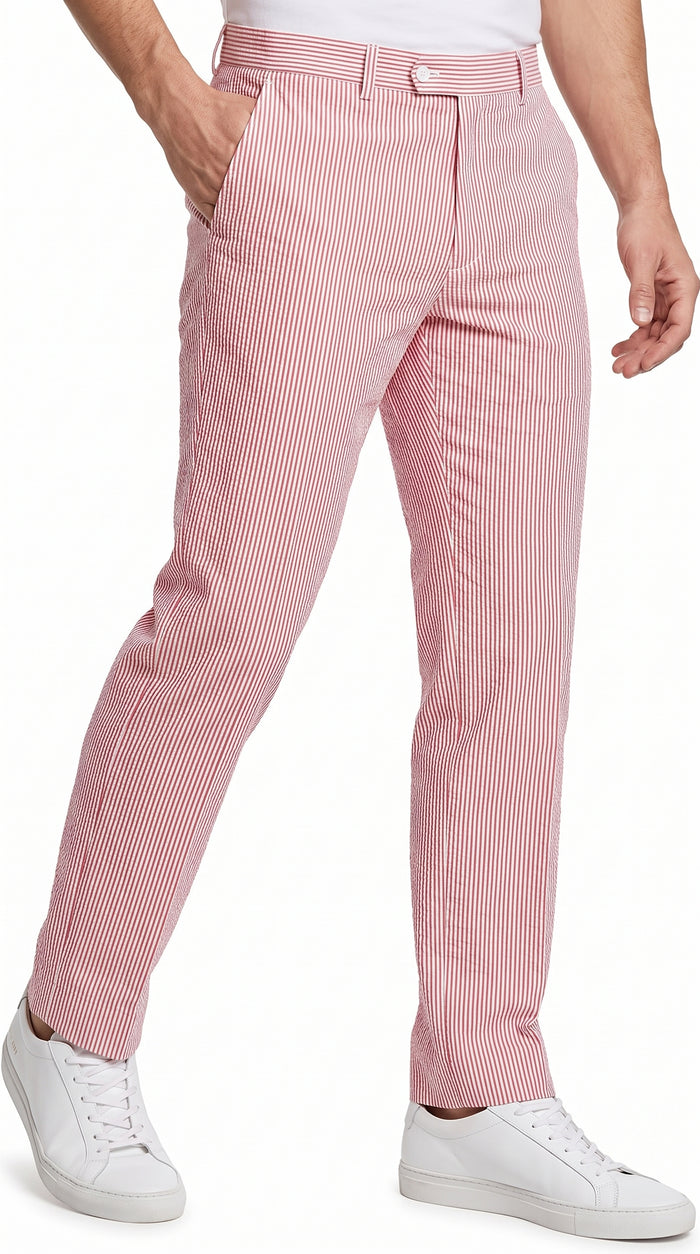 Men’s Red Seersucker Stretch Pants, Lightweight Summer Dress Slacks