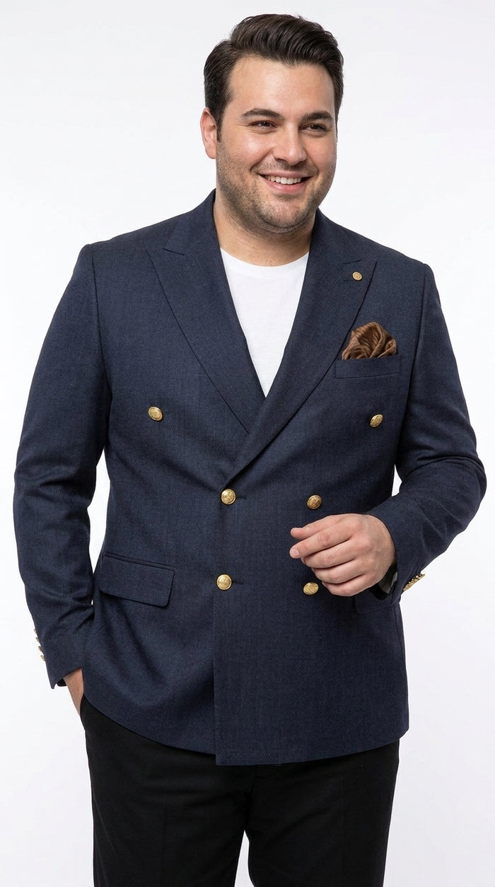Men’s Navy Blue Double Breasted Wool Blazer with Gold Buttons, Formal Dress Sport Coat