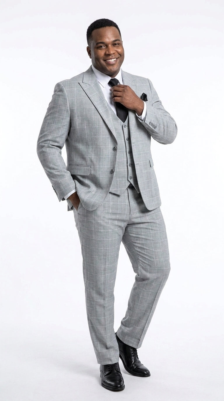 Rossi Man TOM RM1851 Men’s Light Grey Windowpane 3 Piece Suit, Formal Wedding Prom Dress Suit
