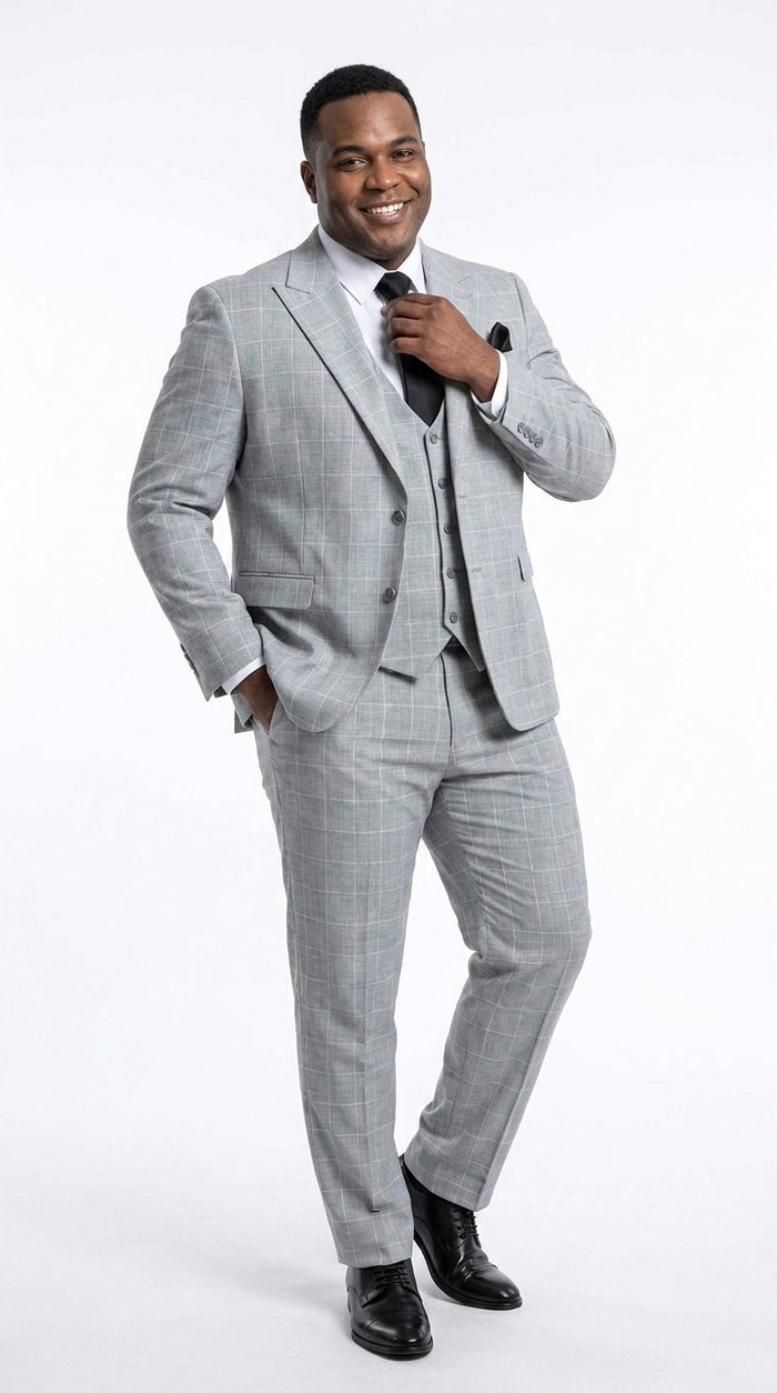 Rossi Man TOM RM1851 Men’s Light Grey Windowpane 3 Piece Suit, Formal Wedding Prom Dress Suit