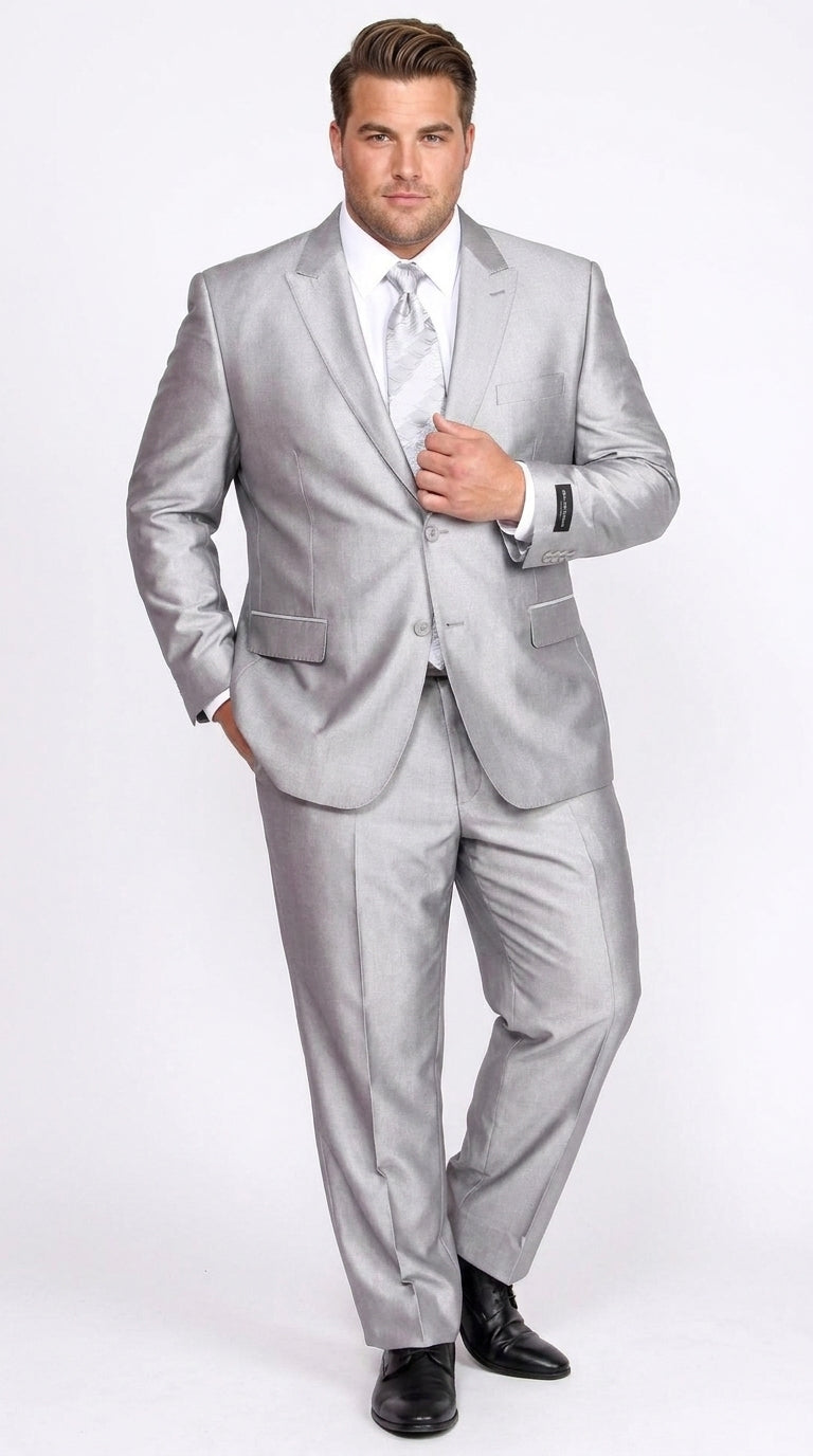 Men’s Silver 2 Button Sharkskin Suit, Shiny Formal Wedding Prom Business Dress Suit