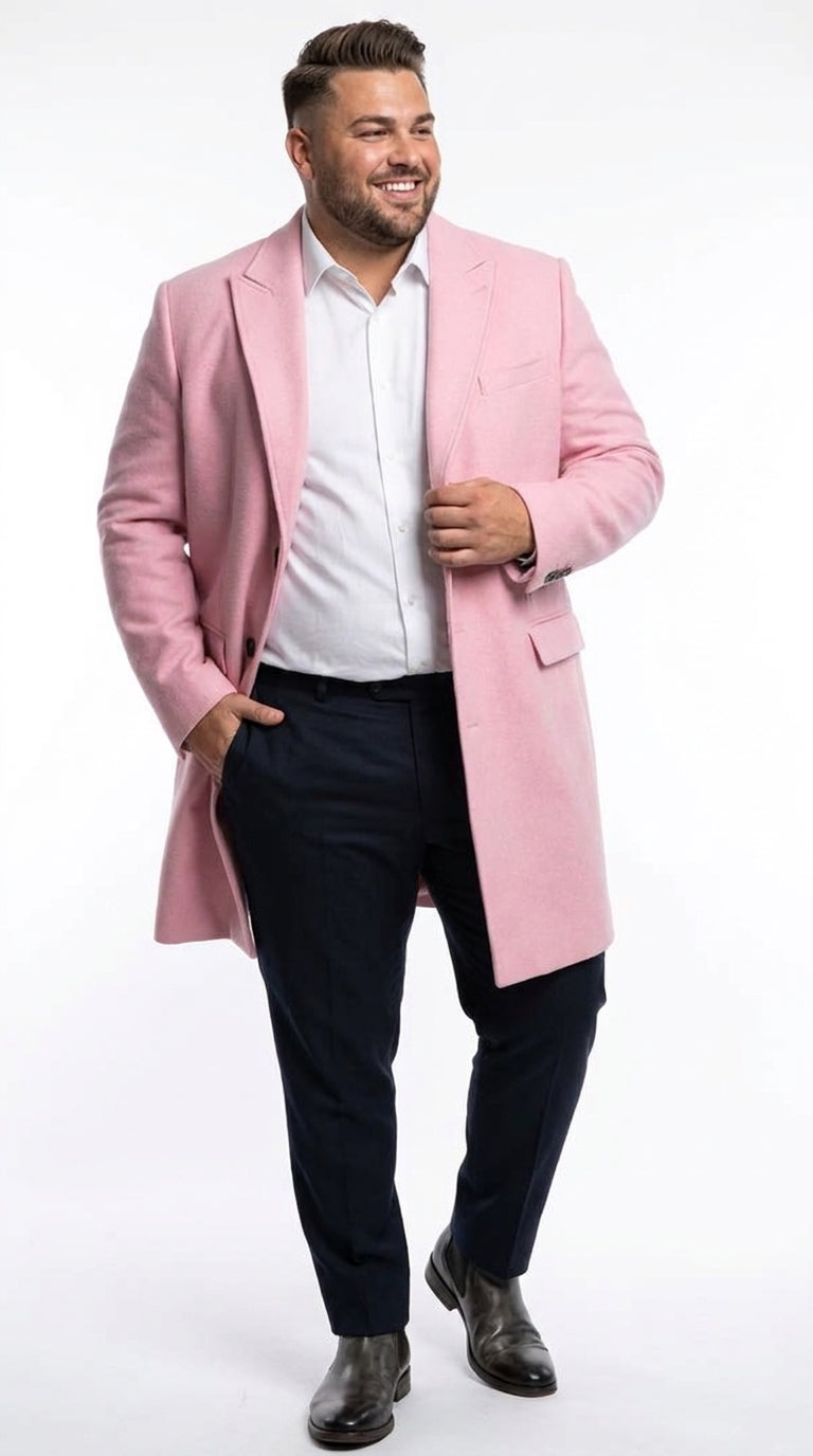 Men’s Light Pink Fashion Overcoat with Notch Lapel, Dress Car Coat for Formal and Casual Wear
