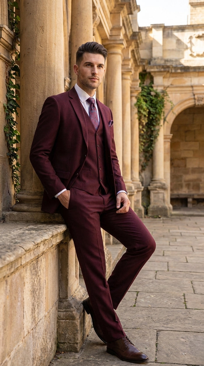 Men’s Burgundy 3-Piece Wool Suit – Regular Fit Wedding, Business and Formal Suit with Pleated Pants