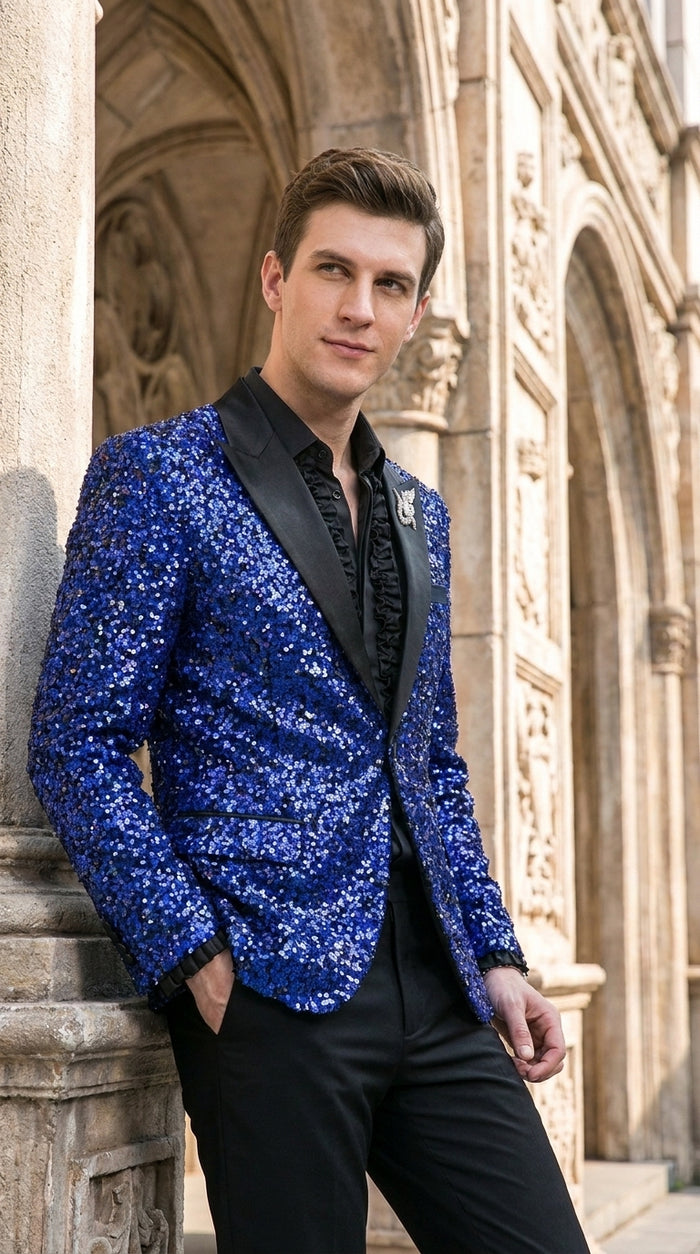 Men’s Royal Blue & Black Sequin Paisley Dinner Jacket – Glitter Sparkly Prom, Wedding and Party Tuxedo Blazer