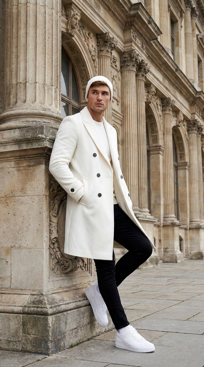 Men’s White Cashmere and Wool Double-Breasted Overcoat – Classic Car Coat for Business and Formal Wear