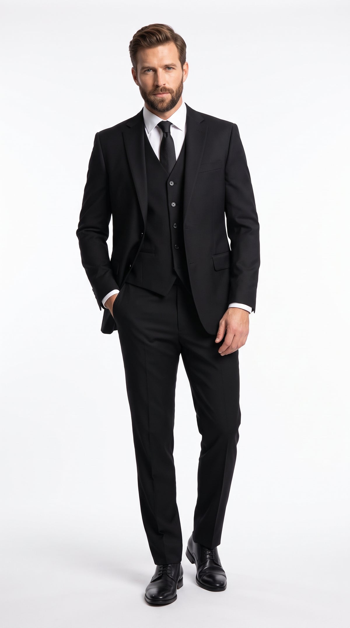 Men’s Black Modern Fit 3-Piece Suit – 2 Button Vested Wedding, Prom & Formal Suit