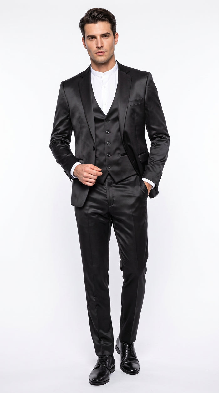 Men’s Black Satin 3 Piece Suit, Formal Wedding Prom Dress Suit with Vest