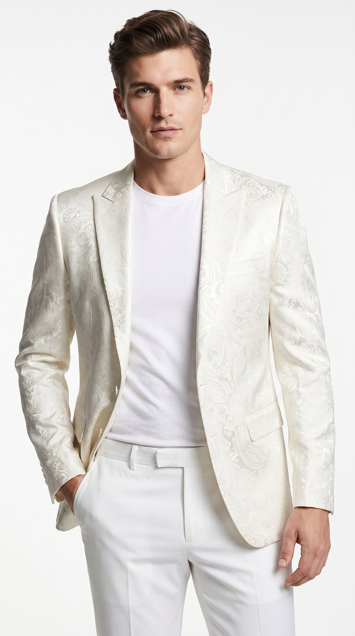 Men’s Off White Paisley Pattern Party Blazer, 1 Button Fancy Formal Suit Jacket