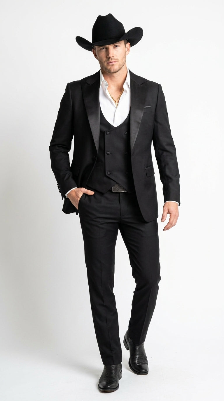 Men’s Black Western Tuxedo Suit with Satin Shawl Lapel, Double Breasted Vest Formal Cowboy Suit