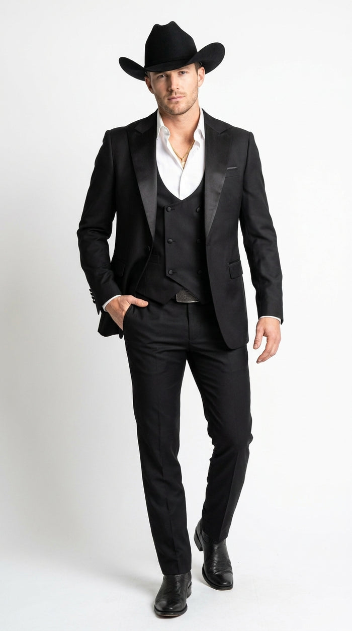 Men’s Black Western Tuxedo Suit with Satin Shawl Lapel, Double Breasted Vest Formal Cowboy Suit