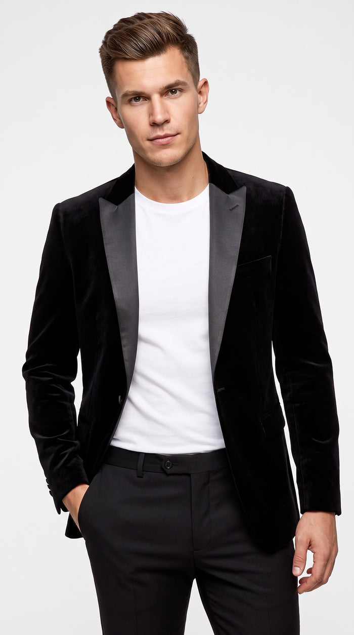 Men’s Black Big and Tall Velvet Blazer with Satin Lapel, Formal Sport Coat for Wedding and Prom