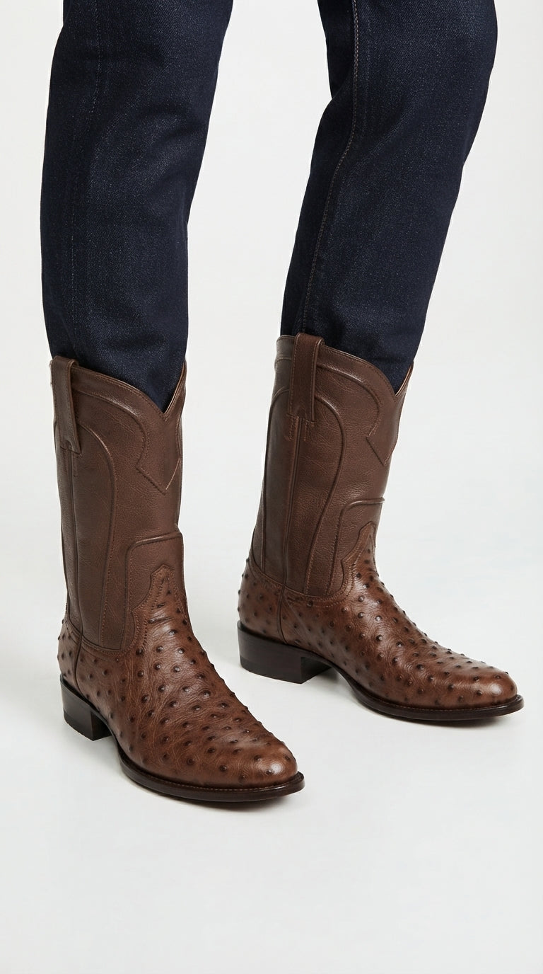 Los Altos Men’s Brown Ostrich Roper Western Boots, Exotic Cowboy Dress Boots