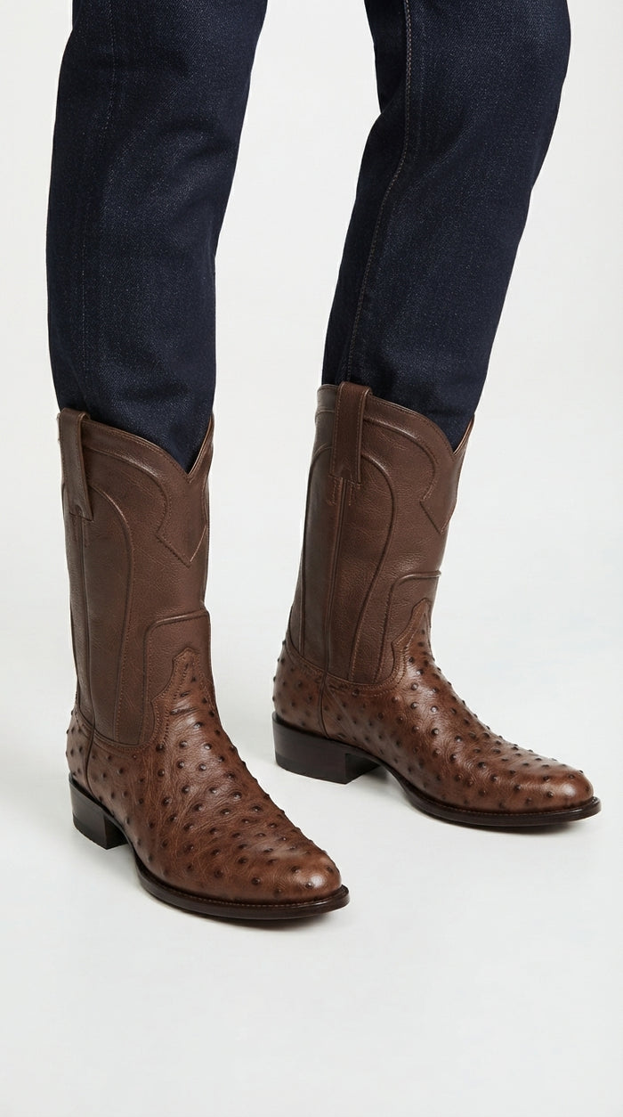 Los Altos Men’s Brown Ostrich Roper Western Boots, Exotic Cowboy Dress Boots