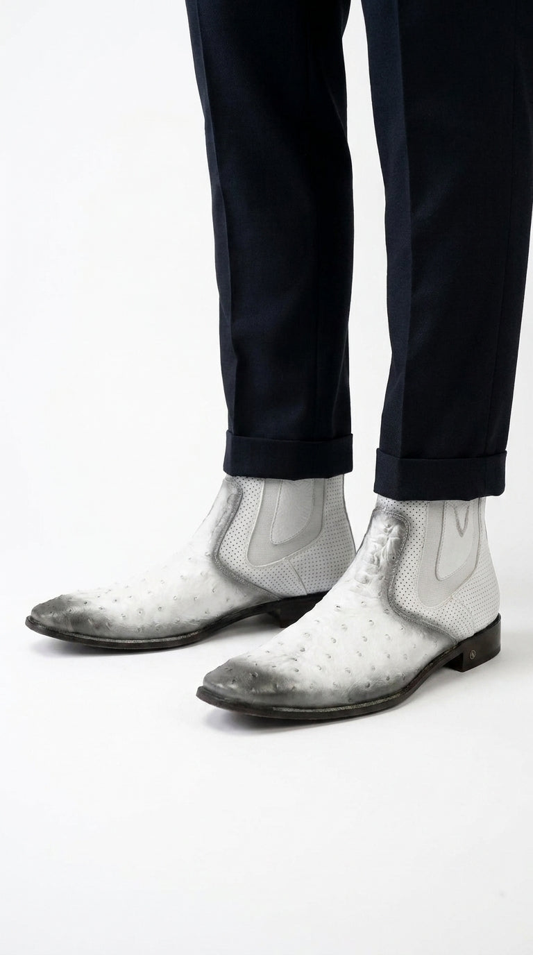 Men’s Faded White Ostrich Chelsea Boots, Exotic Dress Ankle Boots for Formal and Western Style