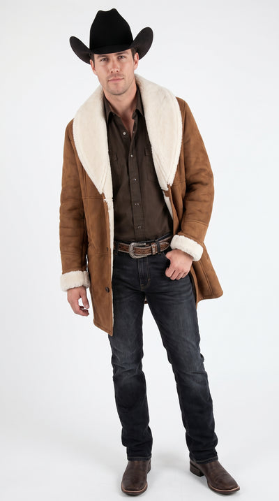 Men’s Long Brown Sheepskin Western Jacket, Cowboy Sherpa Style Ranch Coat