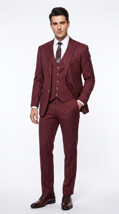 1920s Gangster Burgundy Pinstripe Suit with Vest for Men, Vintage 3 Piece Dress Suit