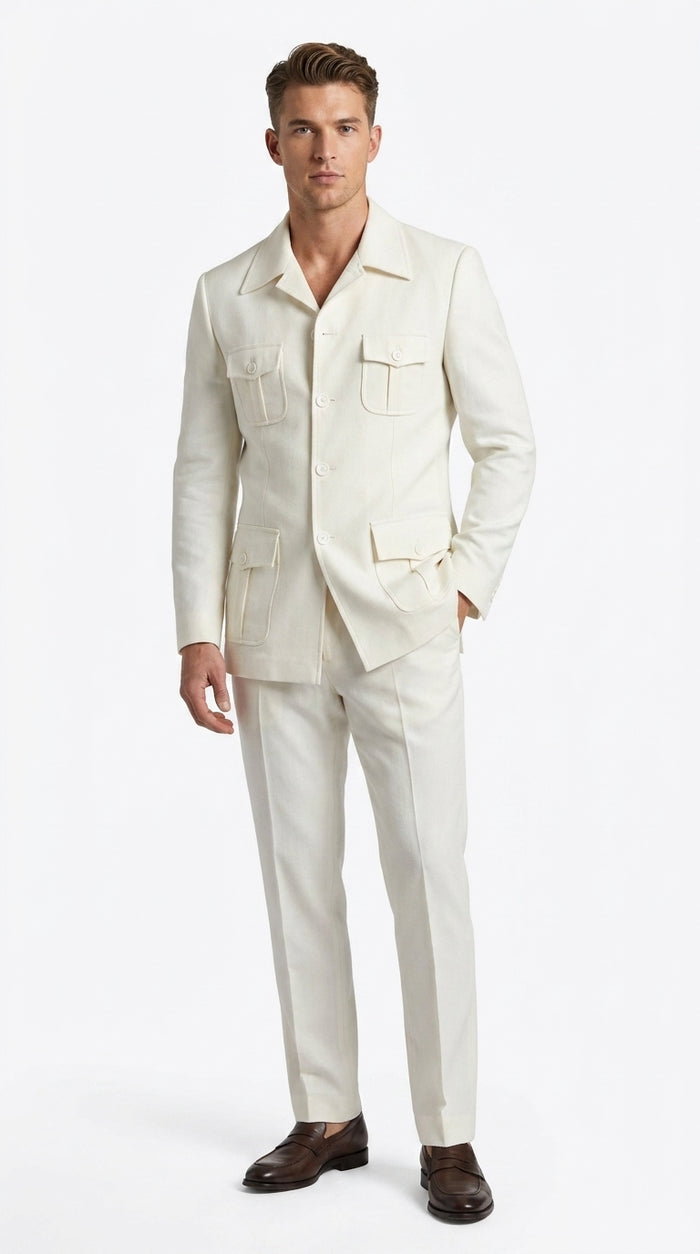 Men’s Off White Casual Safari Suit BP8102, Pocket Front Shirt Jacket and Pants Set