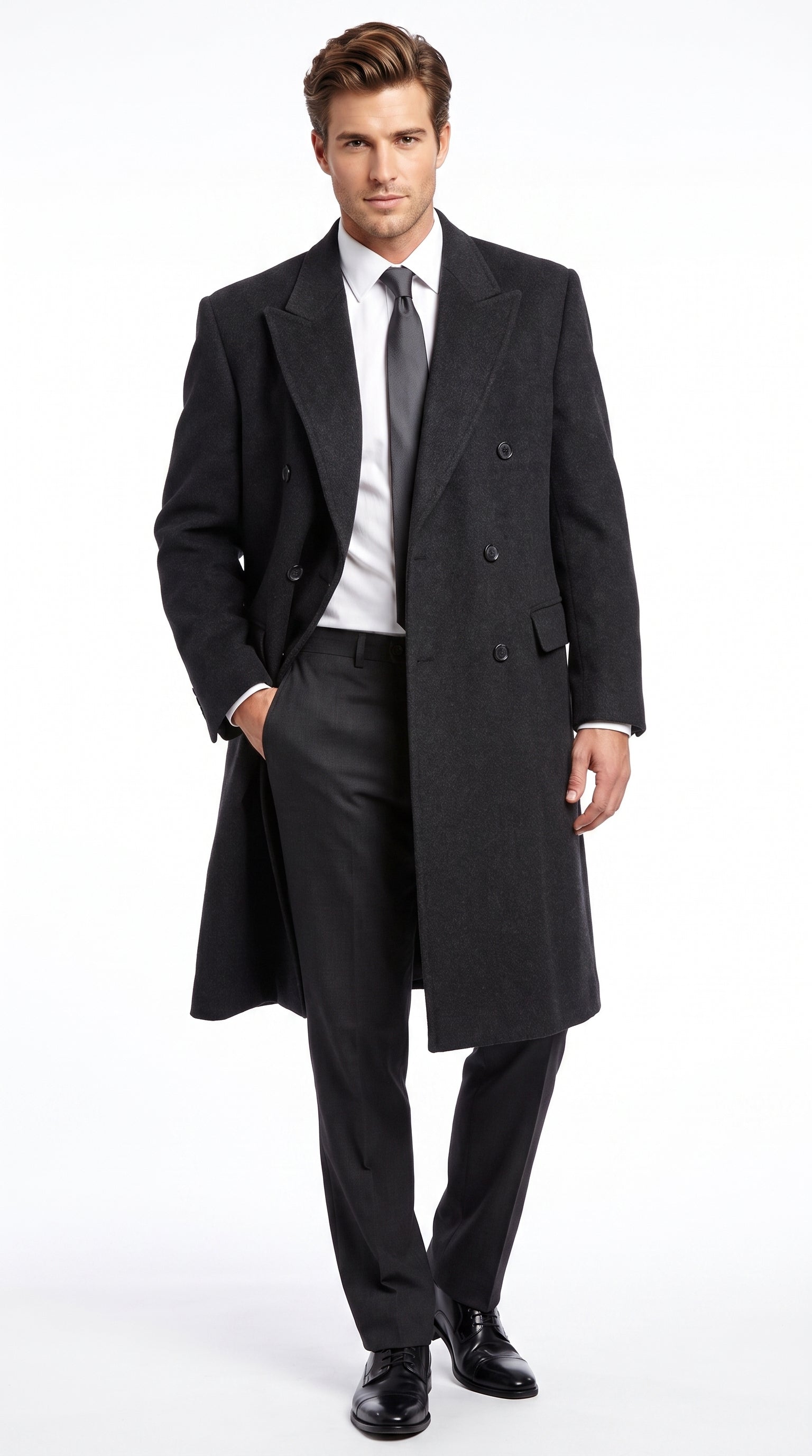 Alberto Nardoni Men’s Black Double Breasted Wool Blend Long Overcoat, Fully Lined Formal Dress Coat
