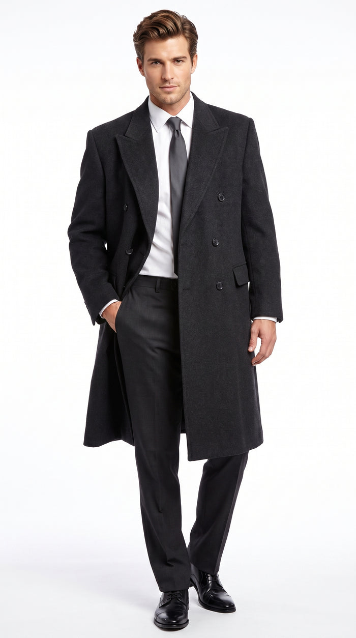 Alberto Nardoni Men’s Black Double Breasted Wool Blend Long Overcoat, Fully Lined Formal Dress Coat