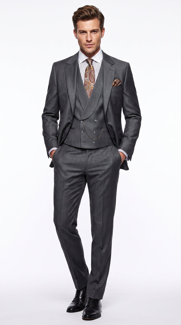 Men’s Gray Peak Lapel Suit with Double Breasted Vest, Single Button Formal Wedding Dress Suit