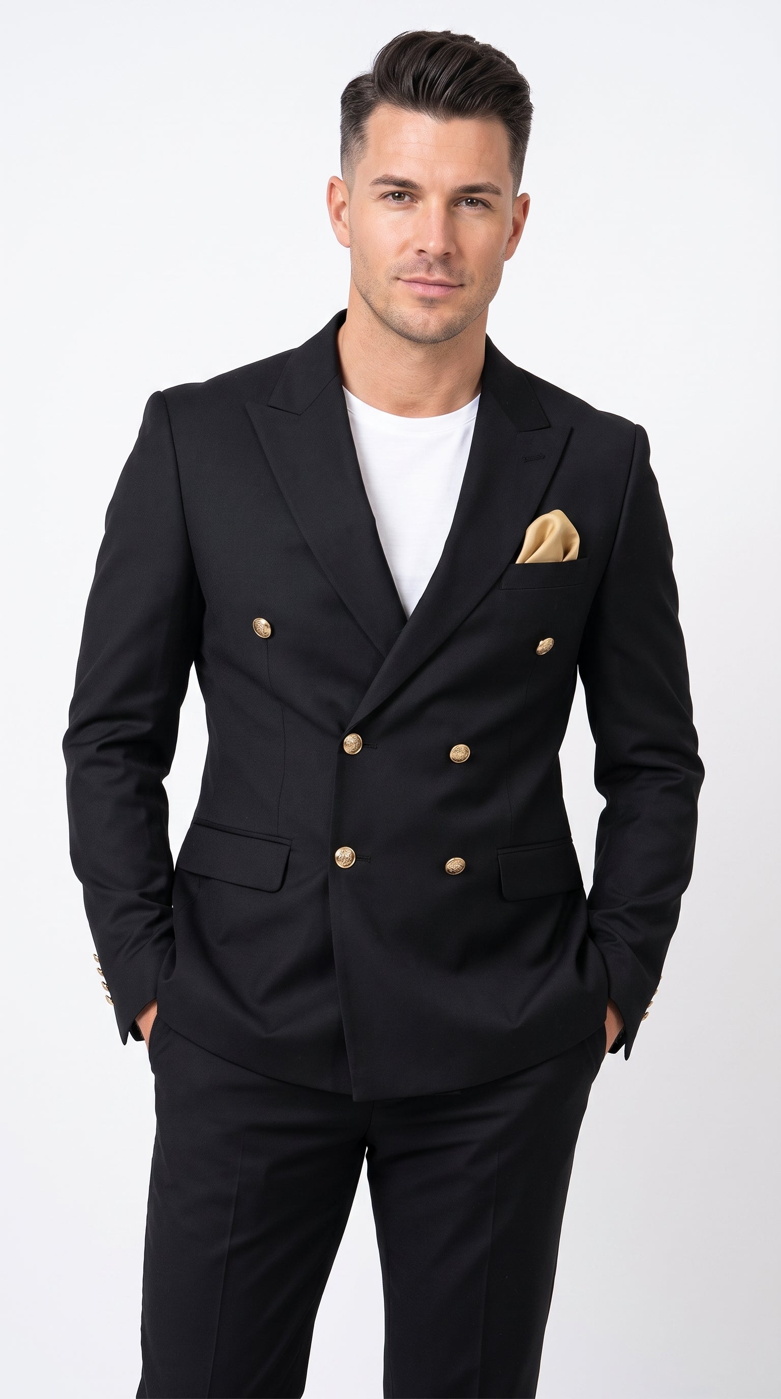 Men’s Black Double Breasted Blazer with Gold Buttons, Formal Sport Coat for Wedding and Business