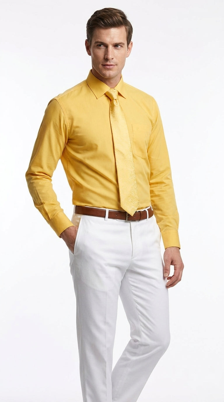 Men’s Classic Solid Dress Shirt with Tie and Handkerchief Set, Multi Color Formal Shirt SG27