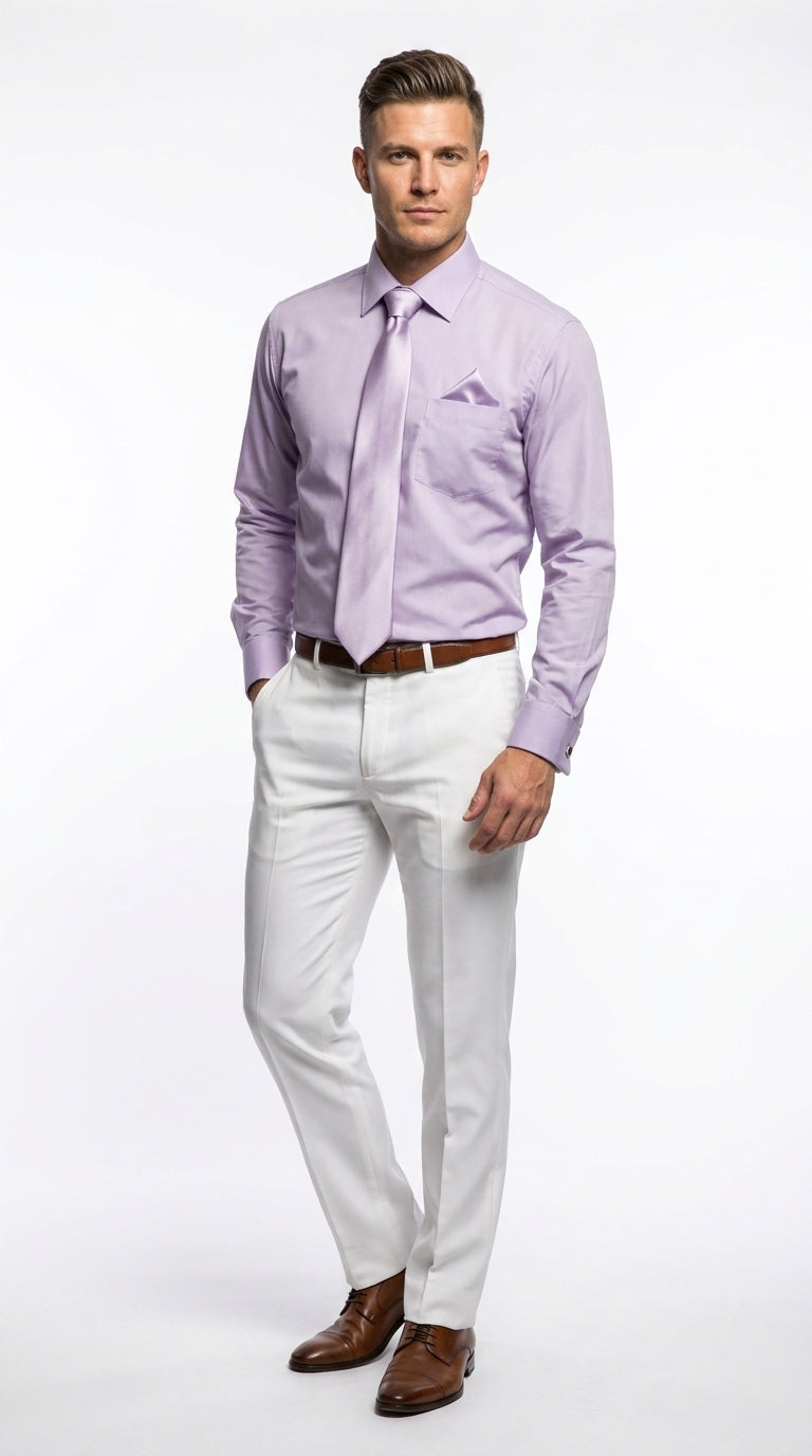 Men’s Classic Solid Dress Shirt with Tie and Handkerchief Set, Multi Color Formal Shirt SG27