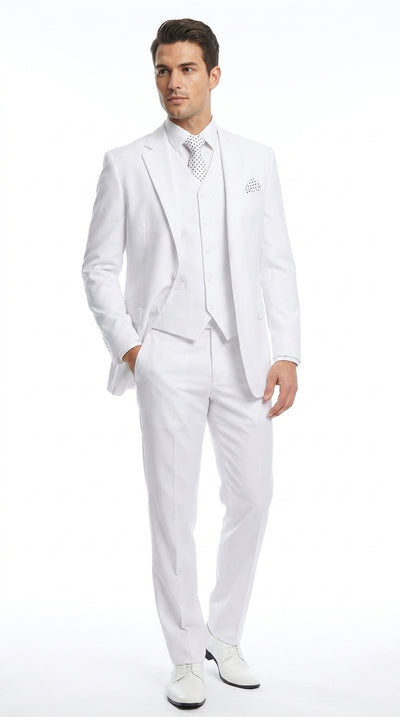 Men’s White 2 Button Wedding Suit, Modern Vested Formal Groom Prom Dress Suit