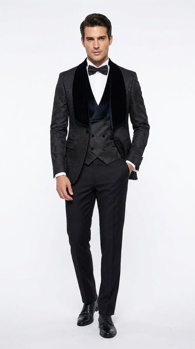 Men’s Black Designer 3-Piece Wedding Tuxedo – Wide Velvet Shawl Lapel Vested Formal Suit
