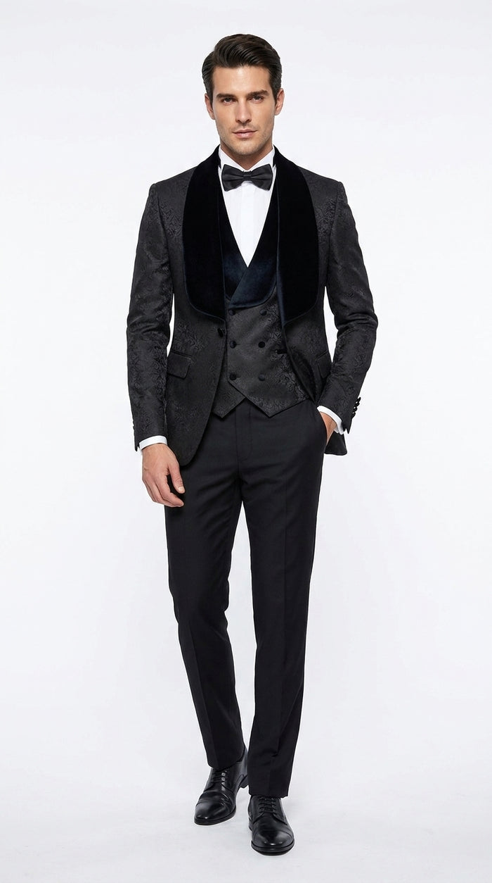 Men’s Black Designer 3-Piece Wedding Tuxedo – Wide Velvet Shawl Lapel Vested Formal Suit