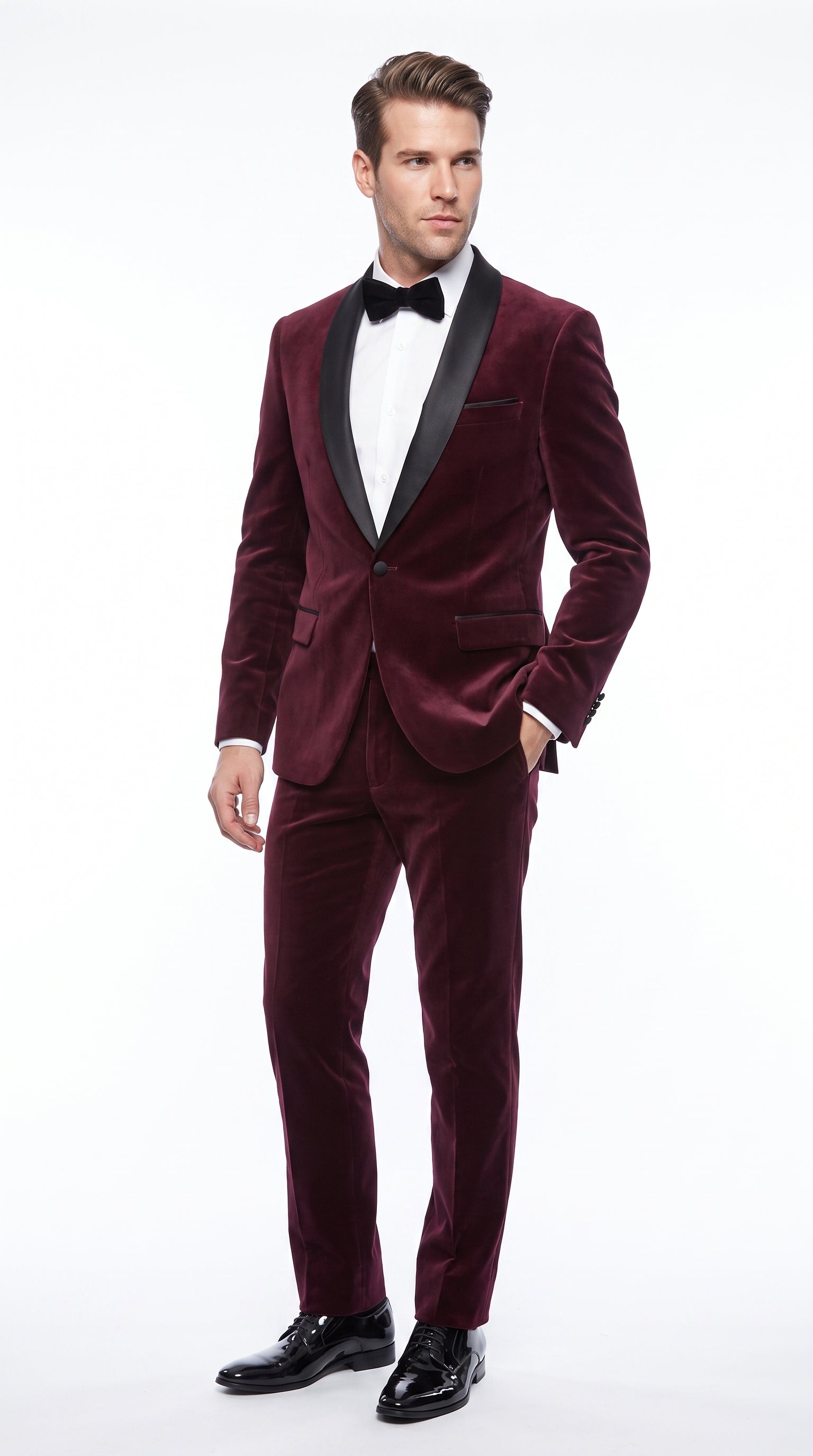 Men’s Maroon and Black Tuxedo Suit, 1 Button Burgundy Shawl Lapel Formal Wedding Prom Suit