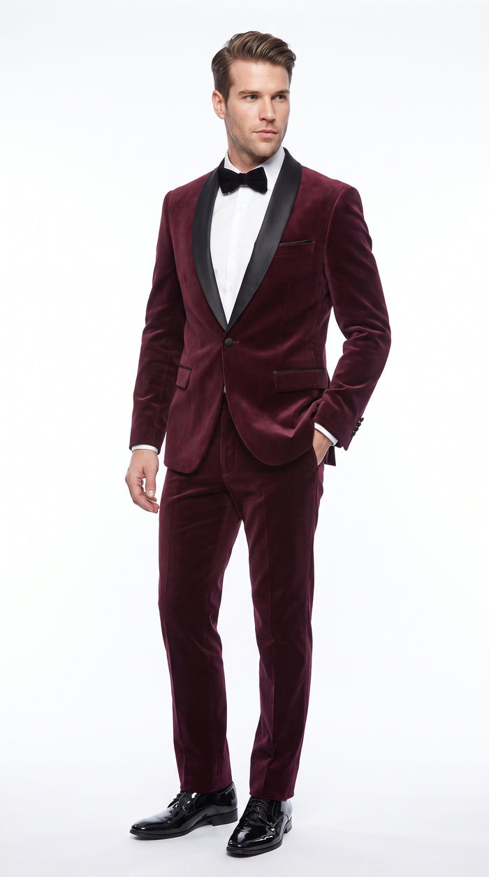 Men’s Maroon and Black Tuxedo Suit, 1 Button Burgundy Shawl Lapel Formal Wedding Prom Suit