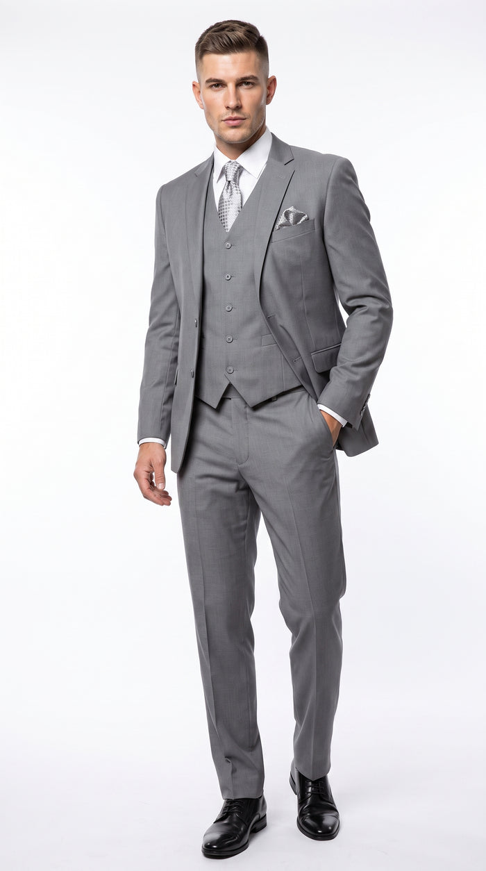 Men’s Light Grey Classic Vested Suit, 3 Piece Formal Wedding Business Dress Suit