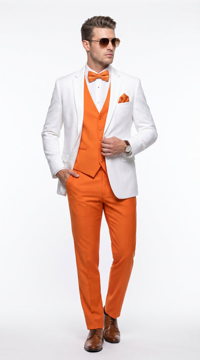 Men’s White and Orange Tuxedo Wedding Suit Set, Formal Prom Groom Dinner Suit