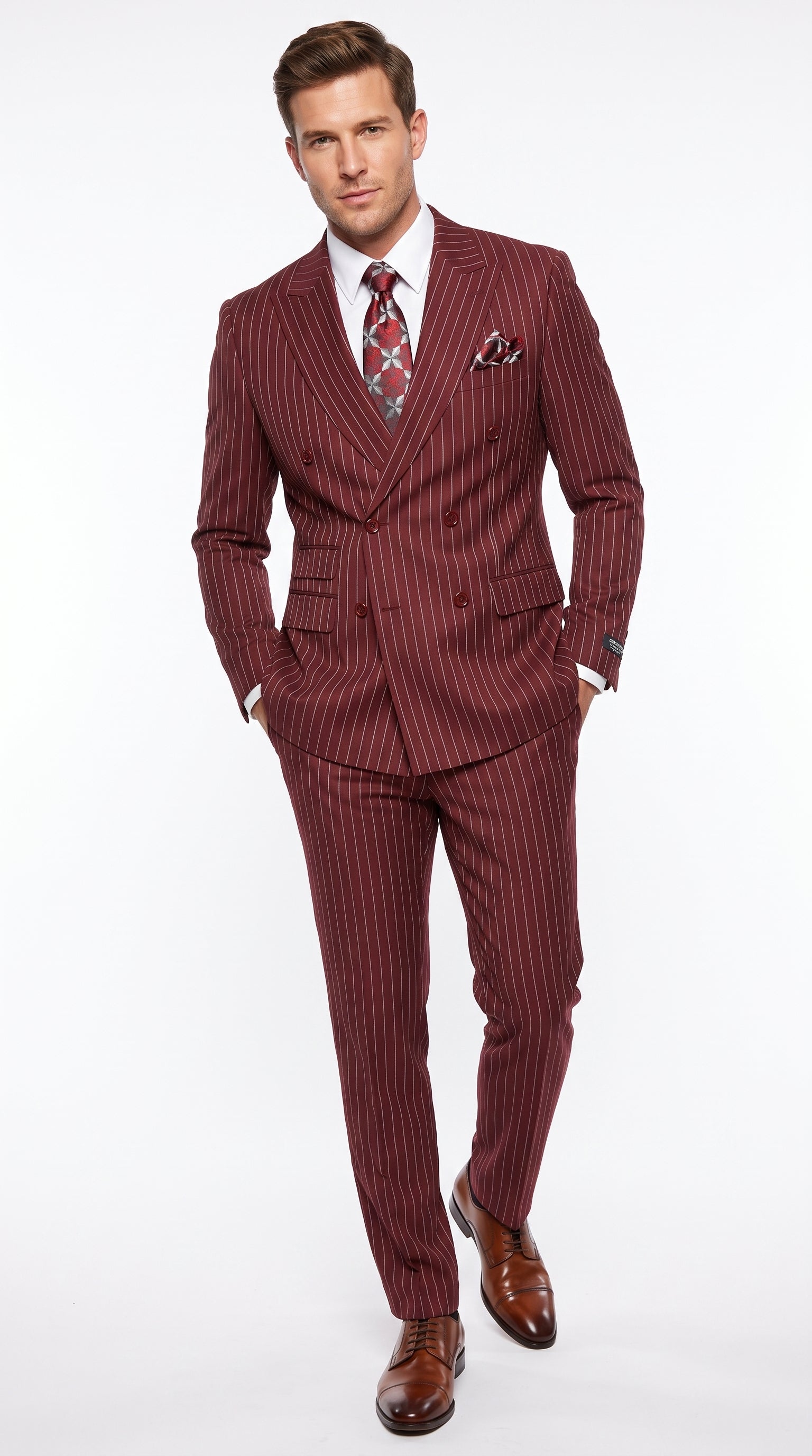 Men’s Maroon Pinstripe Double Breasted Suit, 6 Button Peak Lapel Formal Wedding Business Suit