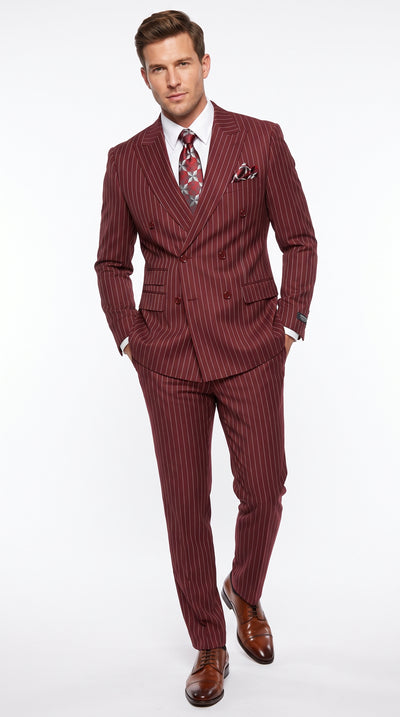 Men’s Maroon Pinstripe Double Breasted Suit, 6 Button Peak Lapel Formal Wedding Business Suit