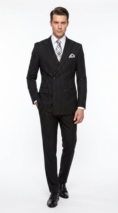 Men’s Black Bold Pinstripe Double-Breasted Wool Suit – Designer Gangster Wedding and Formal Suit
