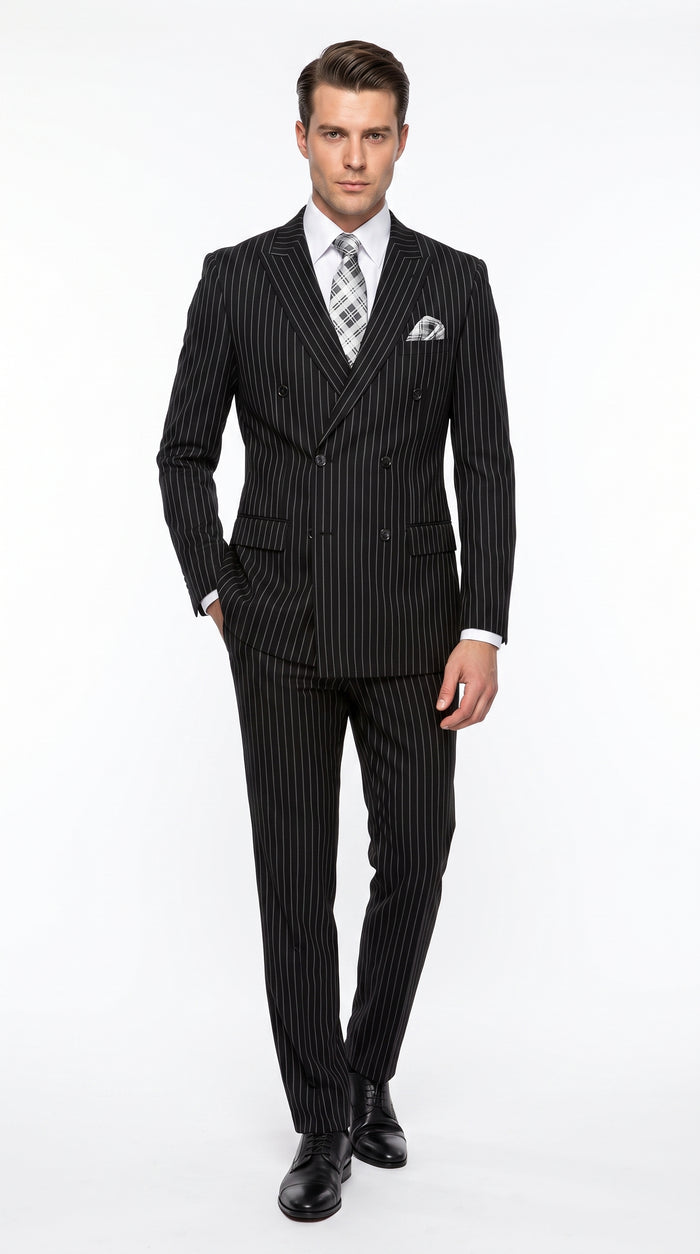 Men’s Black Bold Pinstripe Double-Breasted Wool Suit – Designer Gangster Wedding and Formal Suit