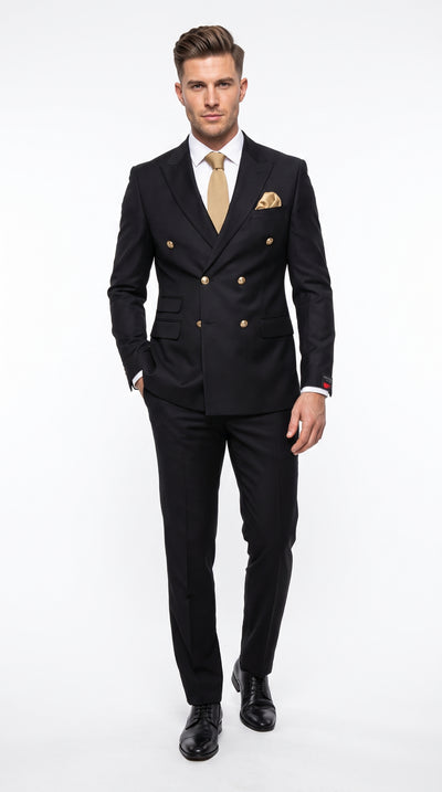 Men’s Black Slim-Fit Double-Breasted Wool Suit – Flat-Front Pants Wedding, Business and Formal Suit