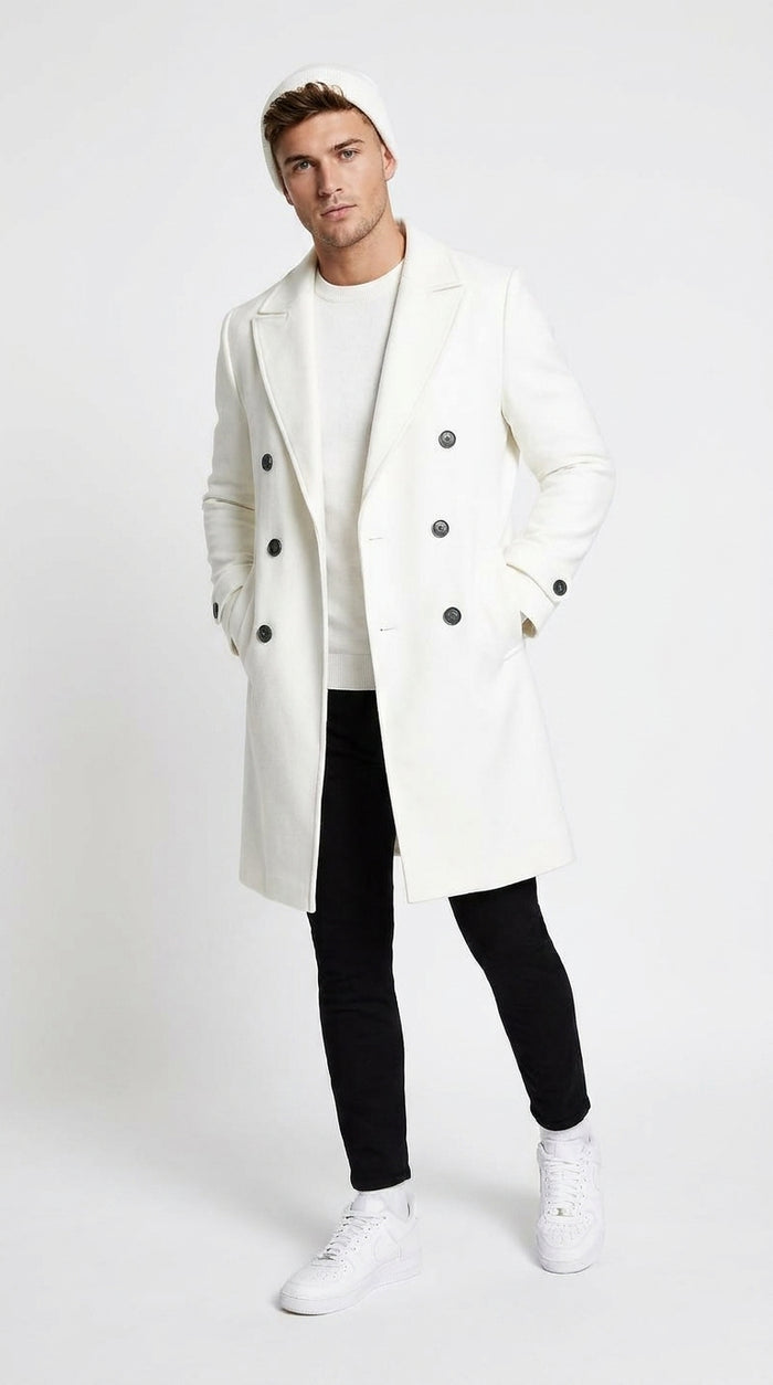 Men’s White Cashmere and Wool Double-Breasted Overcoat – Classic Car Coat for Business and Formal Wear