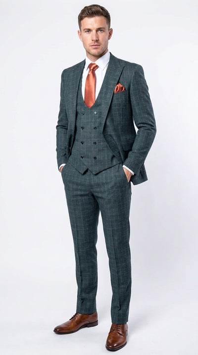 Rossi Man Max RM1788 Men’s Teal Plaid 3 Piece Suit, Slim Fit Formal Wedding Prom Dress Suit