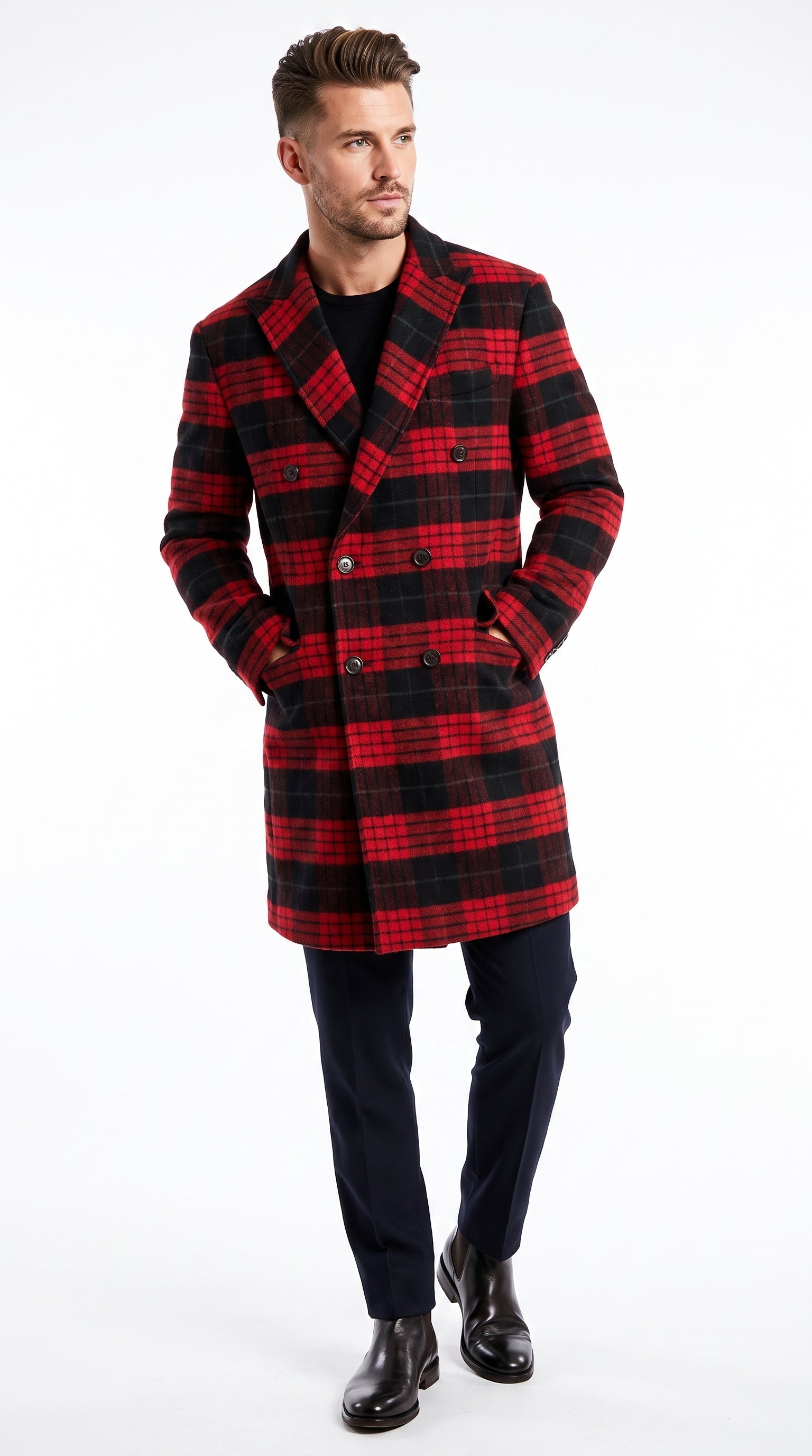 Men’s Red and Black Plaid Double-Breasted Overcoat – Wool-Blend Peacoat and Winter Topcoat