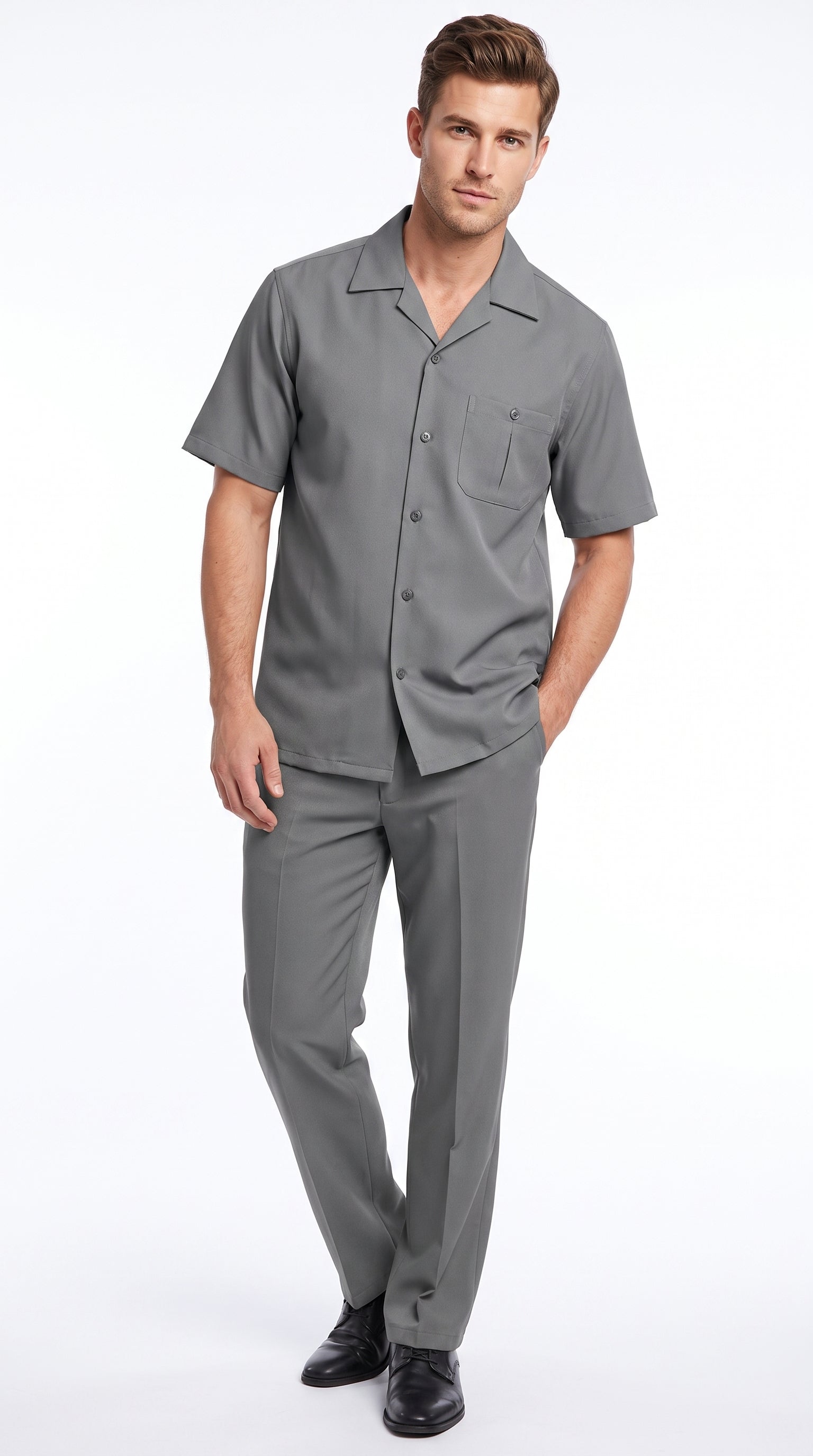 Men’s Grey Big and Tall Walking Suit, Short Sleeve Casual Shirt and Pants Set up to 6XL