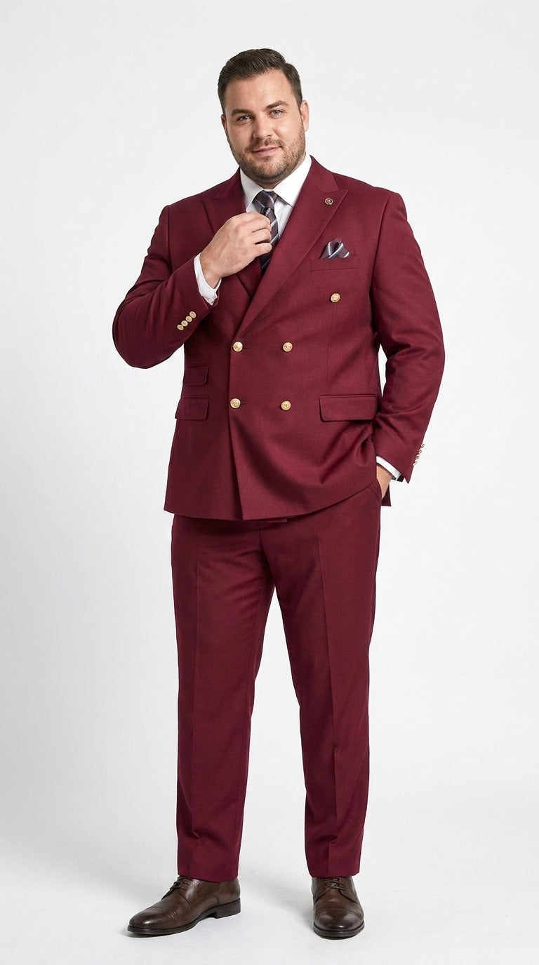 Men’s Burgundy Double Breasted Wool Suit with Gold Buttons, Modern Formal Wedding Business Suit