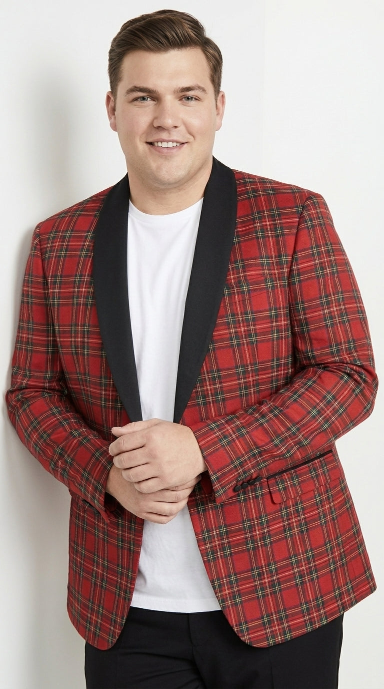 Men’s Red Christmas Plaid Holiday Blazer with Black Shawl Lapel, Formal Party Sport Coat