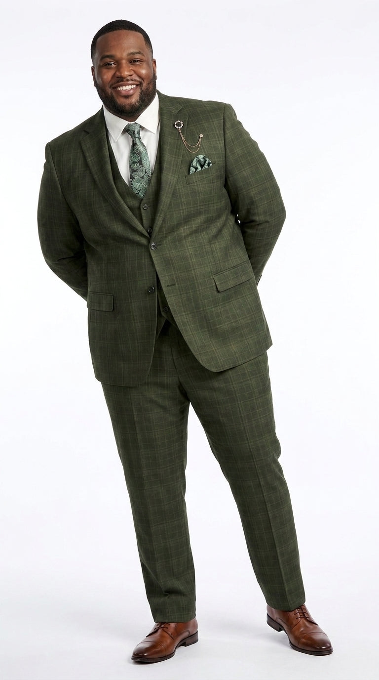 Men’s Olive Green Glen Plaid 3 Piece Suit, Regular Fit Formal Wedding Business Dress Suit